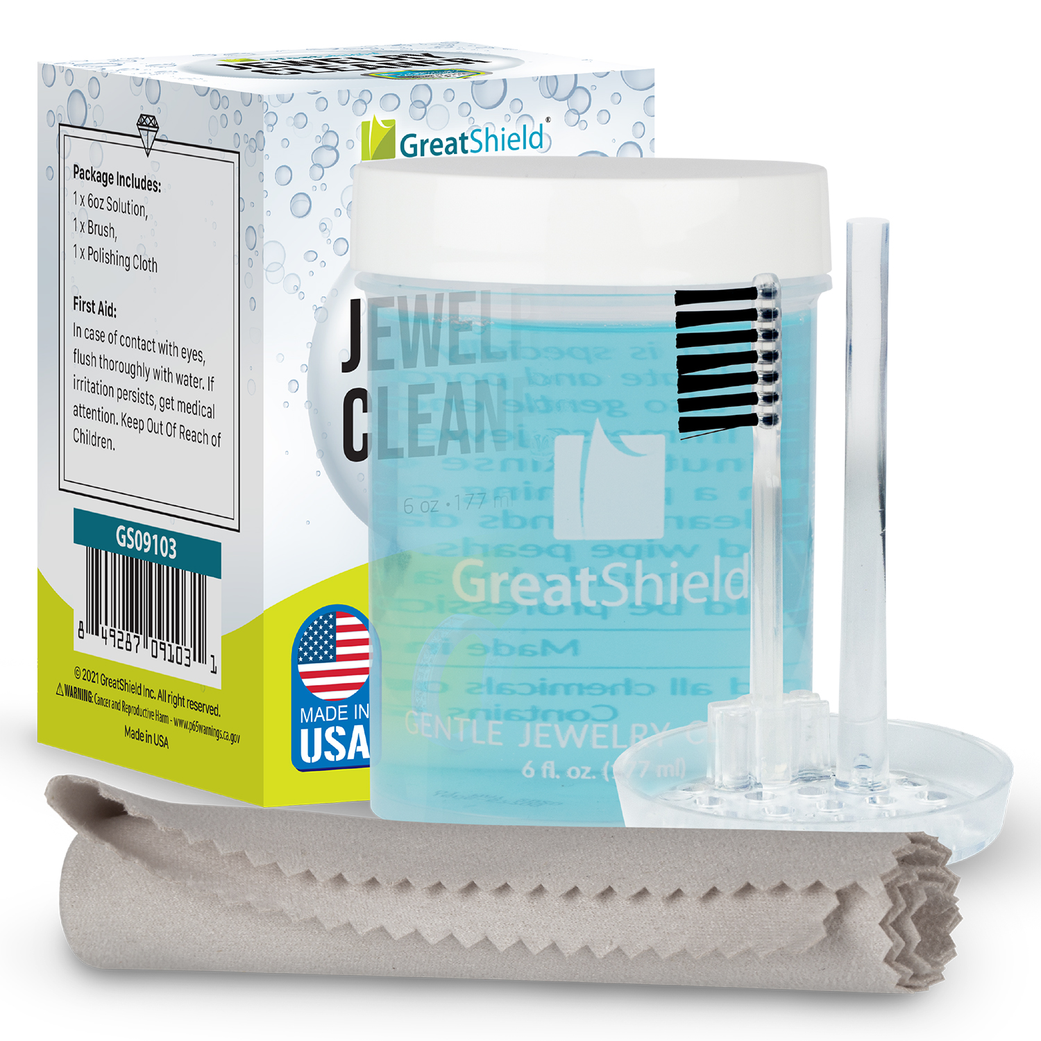 Greatshield Gentle Jewelry Cleaning Solution with Brush, Dipping Basket,  and Cloth - GreatShield